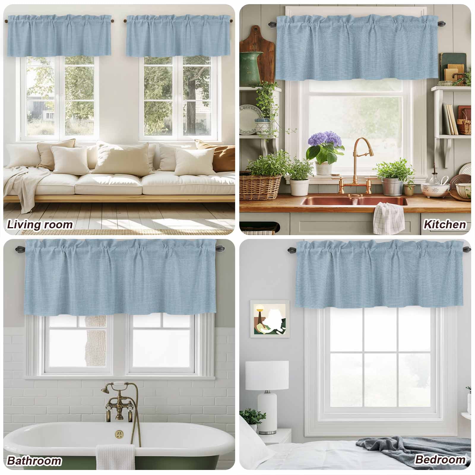 Vintage Sky Blue Curtain Valances for Windows, Kitchen Valance Window Treatments Panel 2 Pack, Farmhouse Retro Solid Color Linen Texture Rod Pocket Short Curtains for Bathroom Bedroom 60 x 18 Inch
