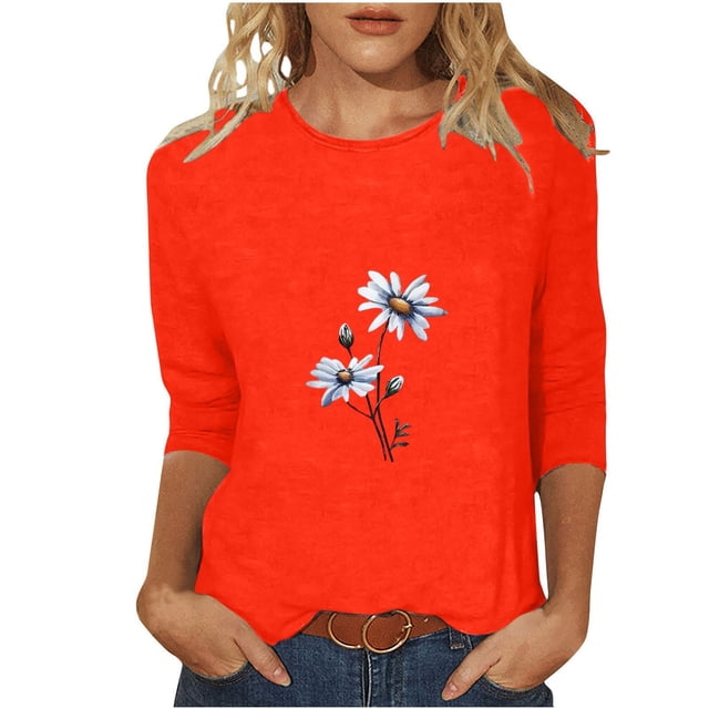 QIPOPIQ Hauts pour Femmes Chemises à Manches 3/4 Col Rond Blouses Amples Décontractées T-Shirts à Imprimé Marguerites Liquidation