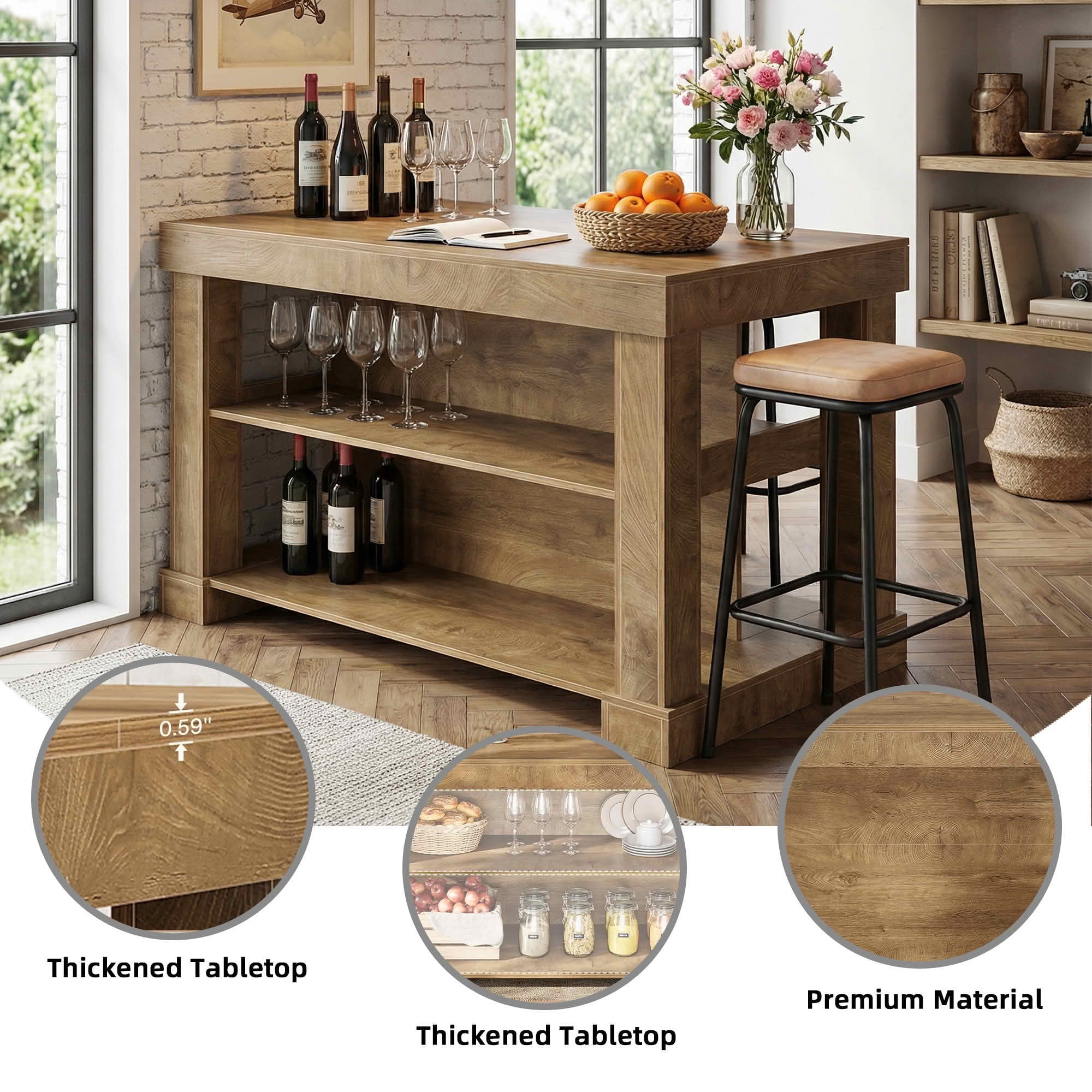 MAYEERTY 55" Home Bar Table with 3-Tier Storage Shelves, Light Brown MDF Indoor Pub Table, 350 lbs Capacity Waterproof Scratch-Resistant Bar Unit