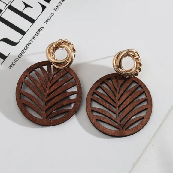 Trendy Gold Metal Hawaiian Curly Koa Wood Earrings for Women Statement Jewelry
