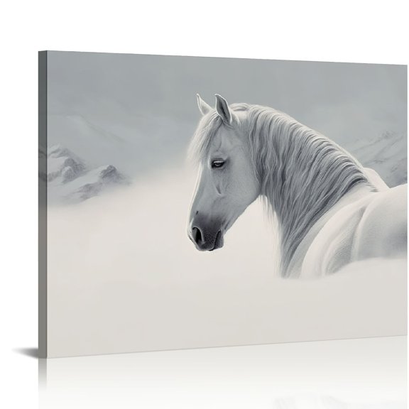Acheng Animal Portrait Picture Wall Art - White Horse Head Canvas Prints Artwork Equestrian Painting for Bedroom 20x16in