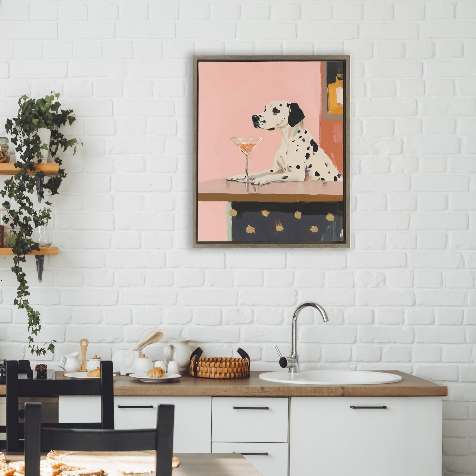 Stupell Industries Dalmatian at Cocktail Bar Brown Framed Floater Canvas Wall Art, design by The Prints Vibe