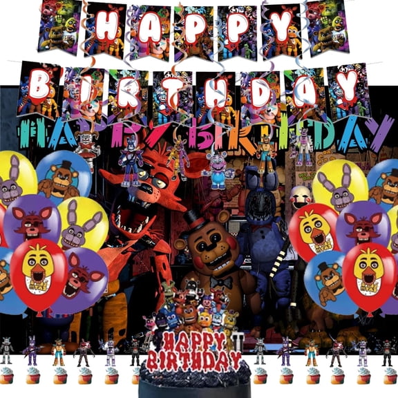 FNAF Birthday Party Supplies, Includes Banner, Cake Topper, Balloons, - 24 Cupcake Toppers - 20 Balloons