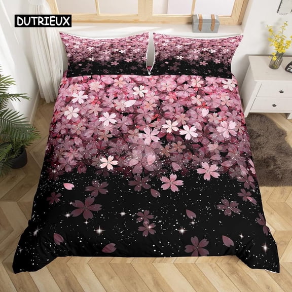 Cherry Blossoms Duvet Cover Japanese Sakura Tree Pink Floral Spring Vintage Cultural Natural Landscape Bedding Set Women