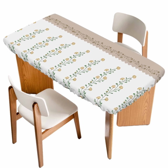 Beige Floral Table Cloths for 3 Foot Rectangle Tables, Spring Summer Botanical Flowers Patio Waterproof Elastic Fitted Tablecloths, Washable Rectangular Table Cover for Camping