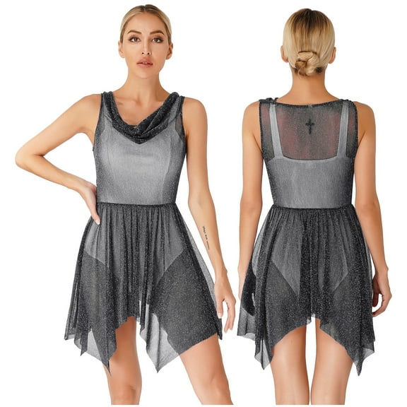 Aiihoo Women's Modern Lyrical Dance Dress See-Through Contemporary Dancing Dress Ballet Gymnastics Leotard Black M