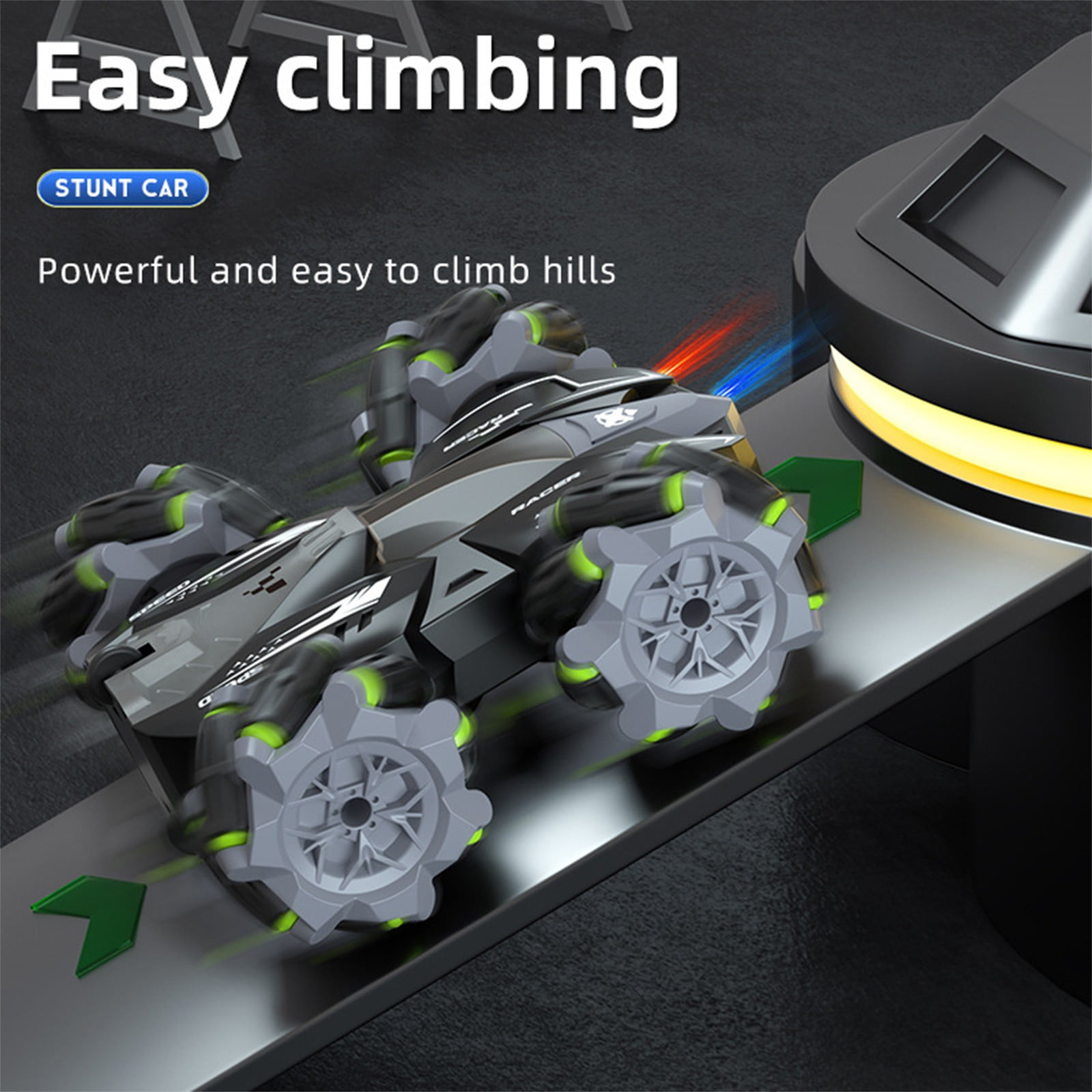 Grey Double Sided Rc Stunt Car Multi-Directional Driving Function 2.4G Remote Control With Led Effects Portable Racing Toy Gift Set