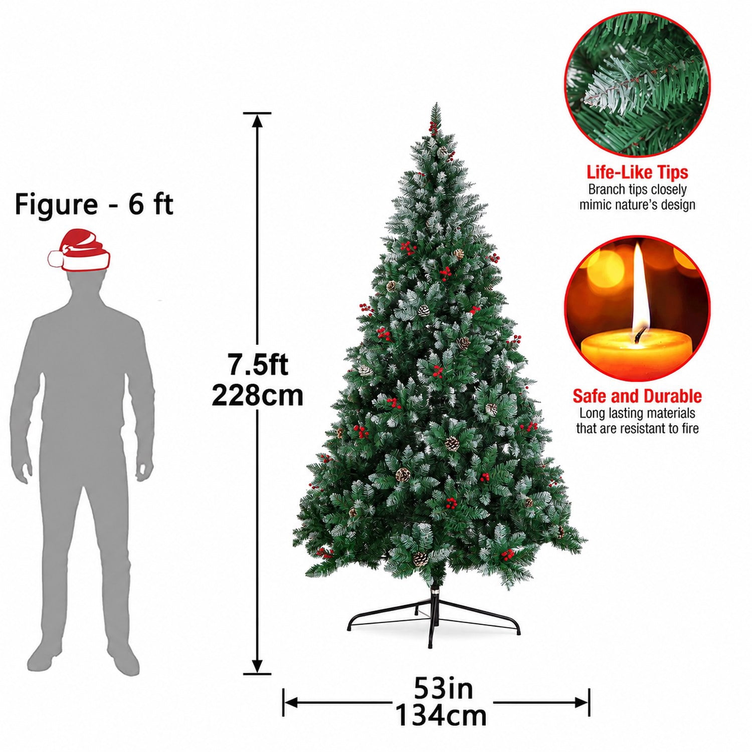 7.5 ft Artificial Christmas Tree with 200 LED Lights, Army Green, 1358 Branch Tips, Metal Hinges & Foldable Base