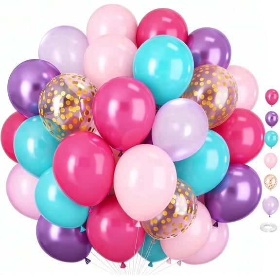 60PCS 12Inch Purple Pink Teal Blue Balloons, Pink and Purple Balloons and Gold Balloons for Birthday Party Decorations