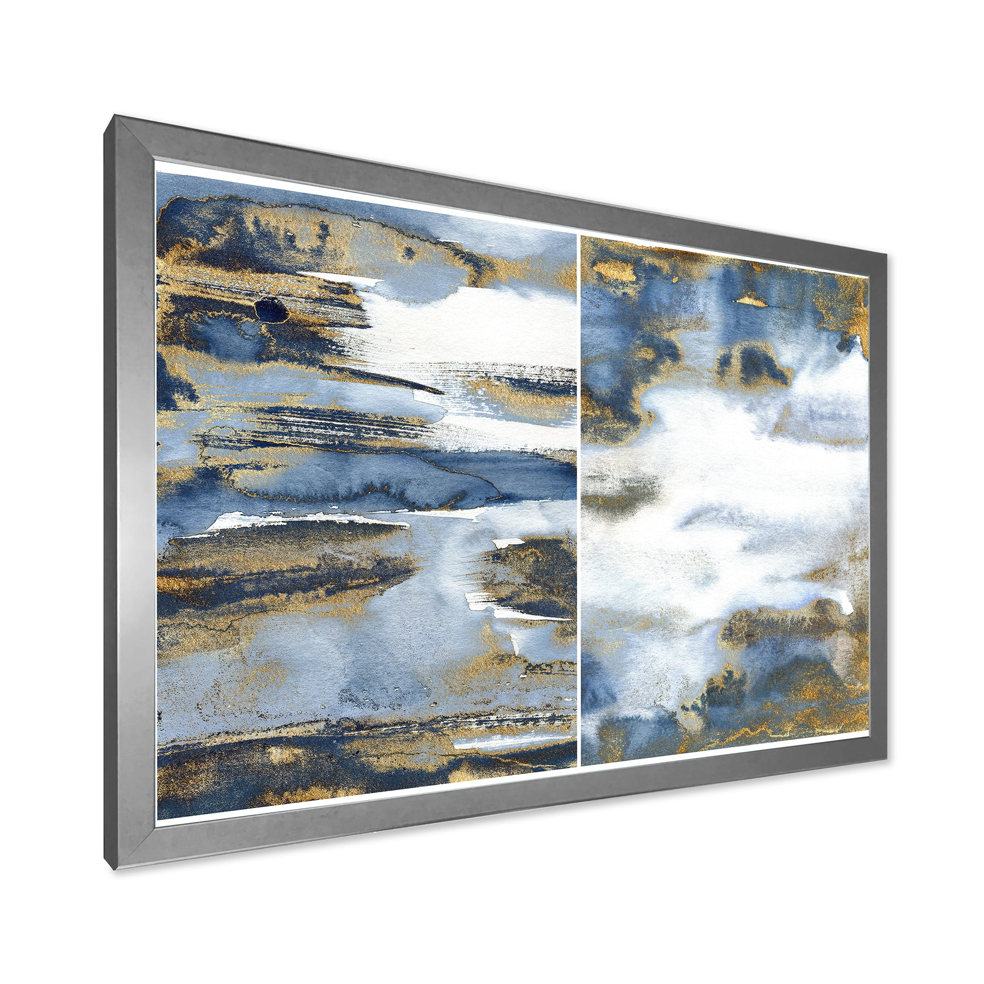 Designart 'Gold and Dark Blue Abstract Waves III' Modern Framed Art Print