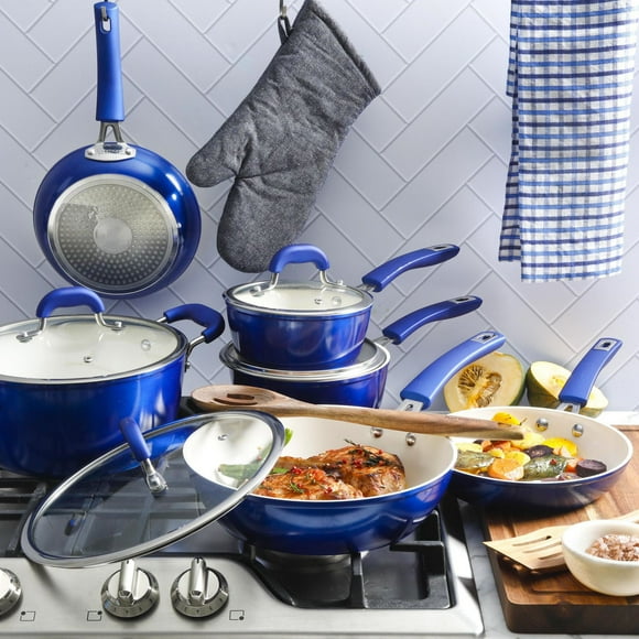 Kenmore Arlington 12-Piece Ceramic Nonstick Cookware Set, Metallic Blue