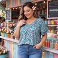thumbnail image 2 of Agnes Orinda Women's Plus Size Floral Tops V Neck Ruffle Sleeve Summer Casual Blouses 2X Green, 2 of 8