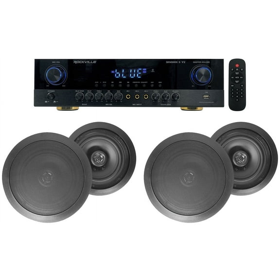 Rockville SINGMIX 5 Bluetooth Home Receiver Amp (4) 6.5" Black Ceiling Speakers