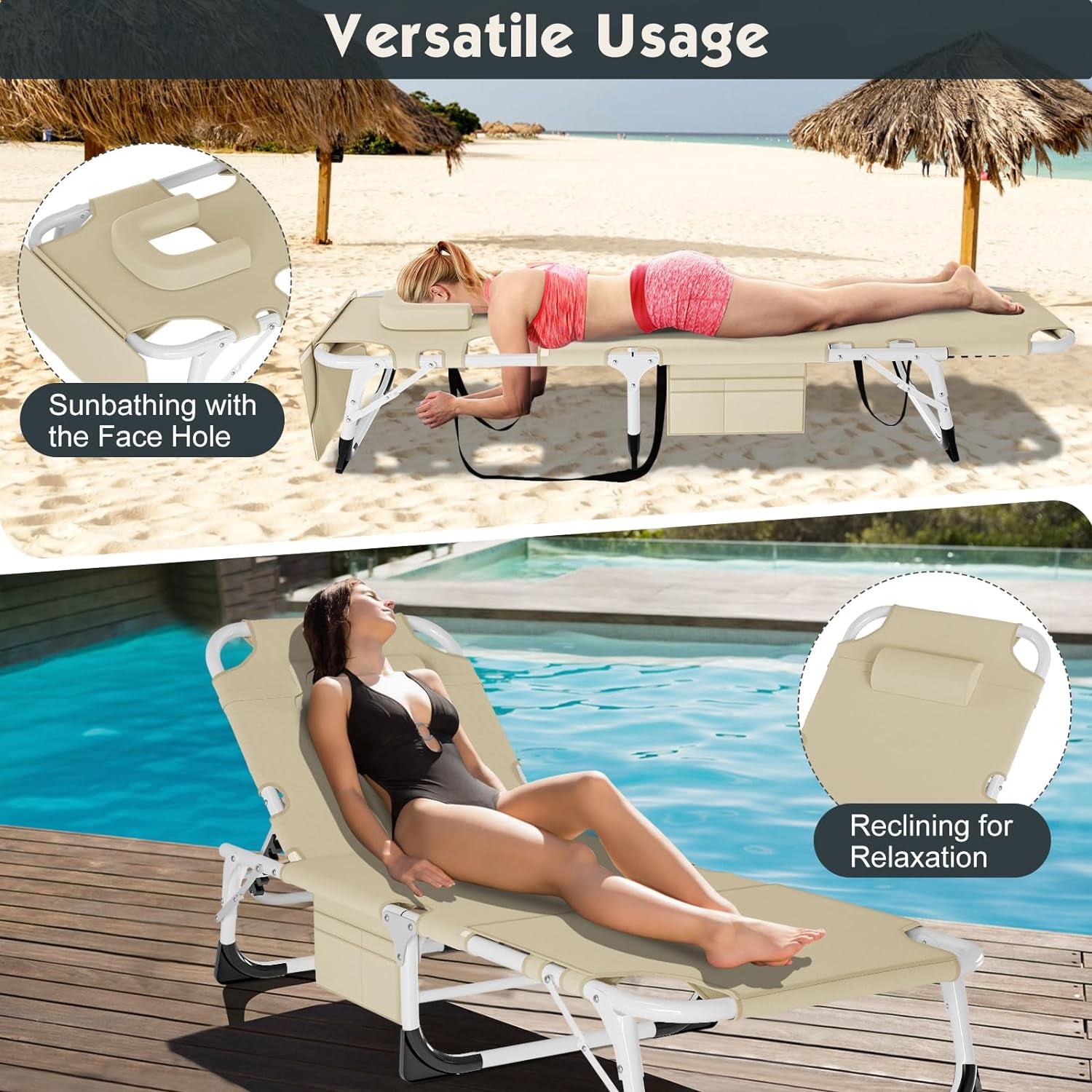 Slsy 3 in 1 Sun Tanning Chair Oversized with Mat Face Arm Hole 5 Position Heavy Duty Folding Chaise Outdoor Lounge Chair w Pillow for Beach Pool Lawn Yard Patio Walmart Business Supplies