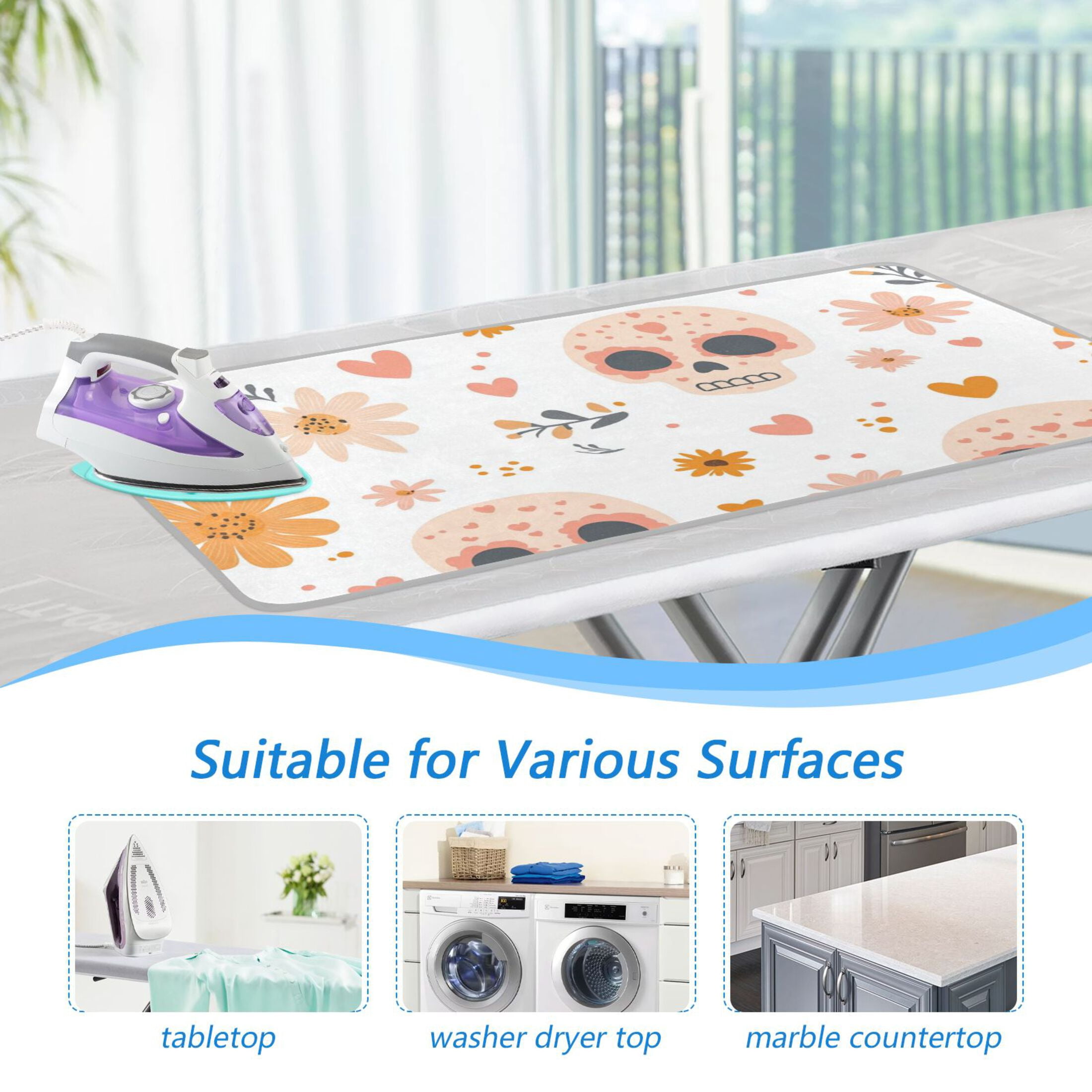 Orange Flowers Skulls Hearts Valentine Ironing Mat Blanket Portable Travel Ironing Pad Heat Resistant Pad 47.2" x 27.6”
