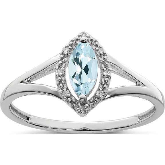 Sterling Silver Rhodium Plated Diamond & Aquamarine Marquise Ring (Size 6) Made In Thailand qr4499aq-6