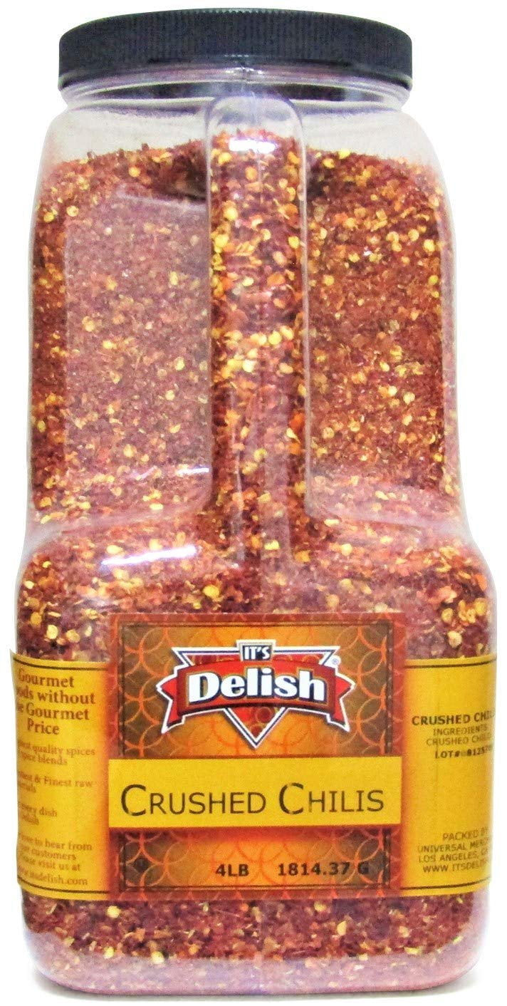 Dehydrated Dried Crushed Chilies Red Pepper Flakes by It's Delish - 4 LB Restaurant Gallon Size Jug with Handle - Chopped & Dried Vegetable Gourmet Spice Seasoning - Certified Kosher