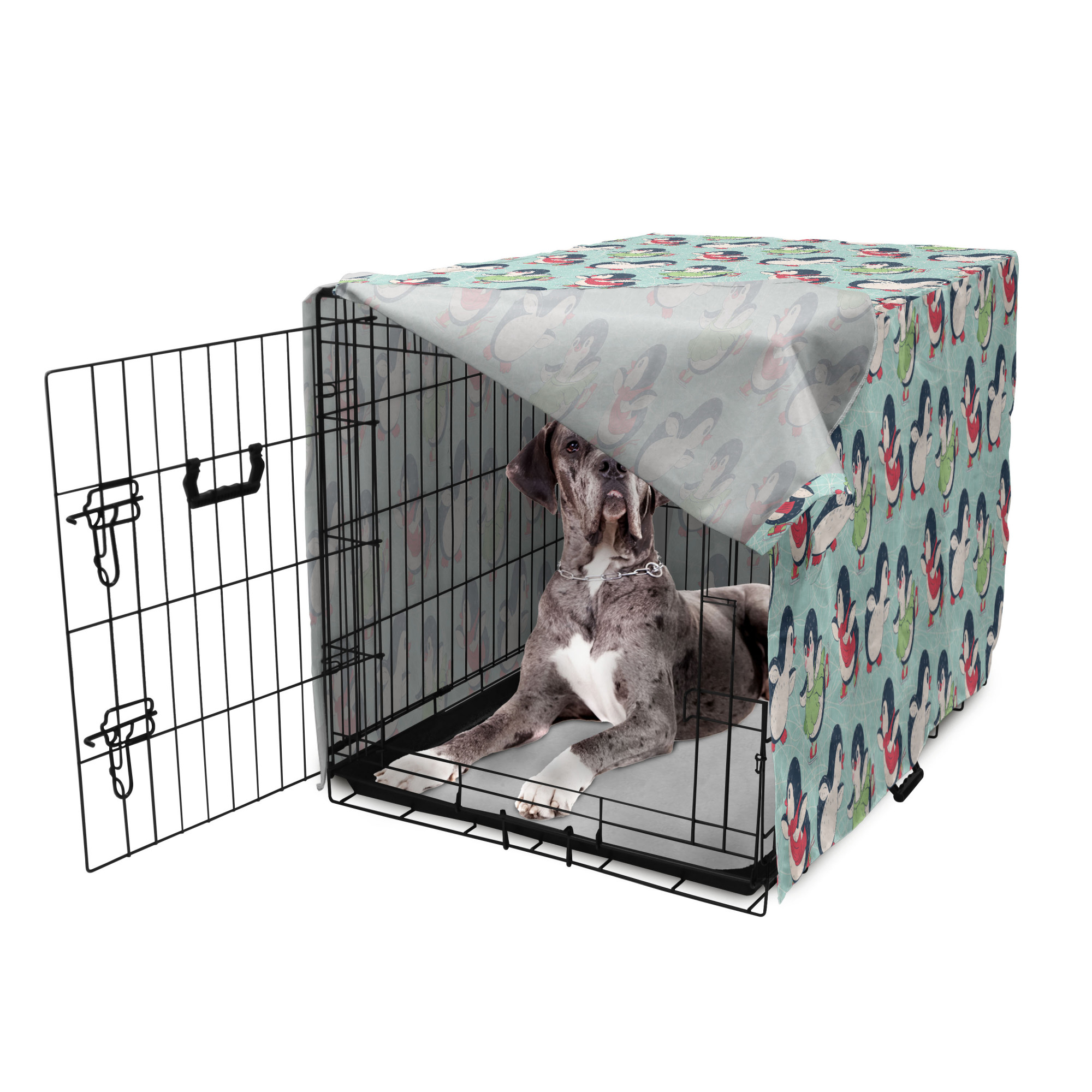 Penguin Dog Crate Cover, Cartoon Arctic Animals Ice Skating with Scarf and Skirts Pattern, Easy to Use Pet Kennel Cover Small Dogs Puppies Kittens, 7 Sizes, Pale Seafoam Multicolor, by Ambesonne - image 5 of 6