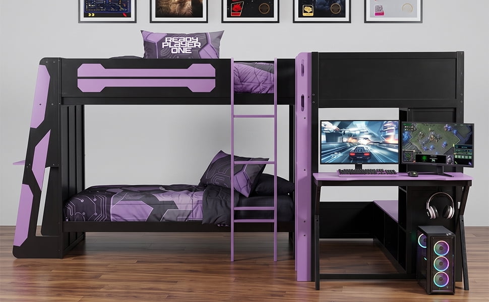Mintazer L-Shaped Triple Twin Gaming Bunk Bed with 2 Gaming Desks & RGB LED Lights, Triple Bed Frame with USB Charging, TV Stand & Storage Shelves for Bedroom, Black & Red
