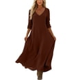 thumbnail image 5 of HAOTAGS Women Dresses Elastic Waist Relaxed Fit V-Neck Solid Color Long Sleeve Maxi Dress Coffee Size M, 5 of 7