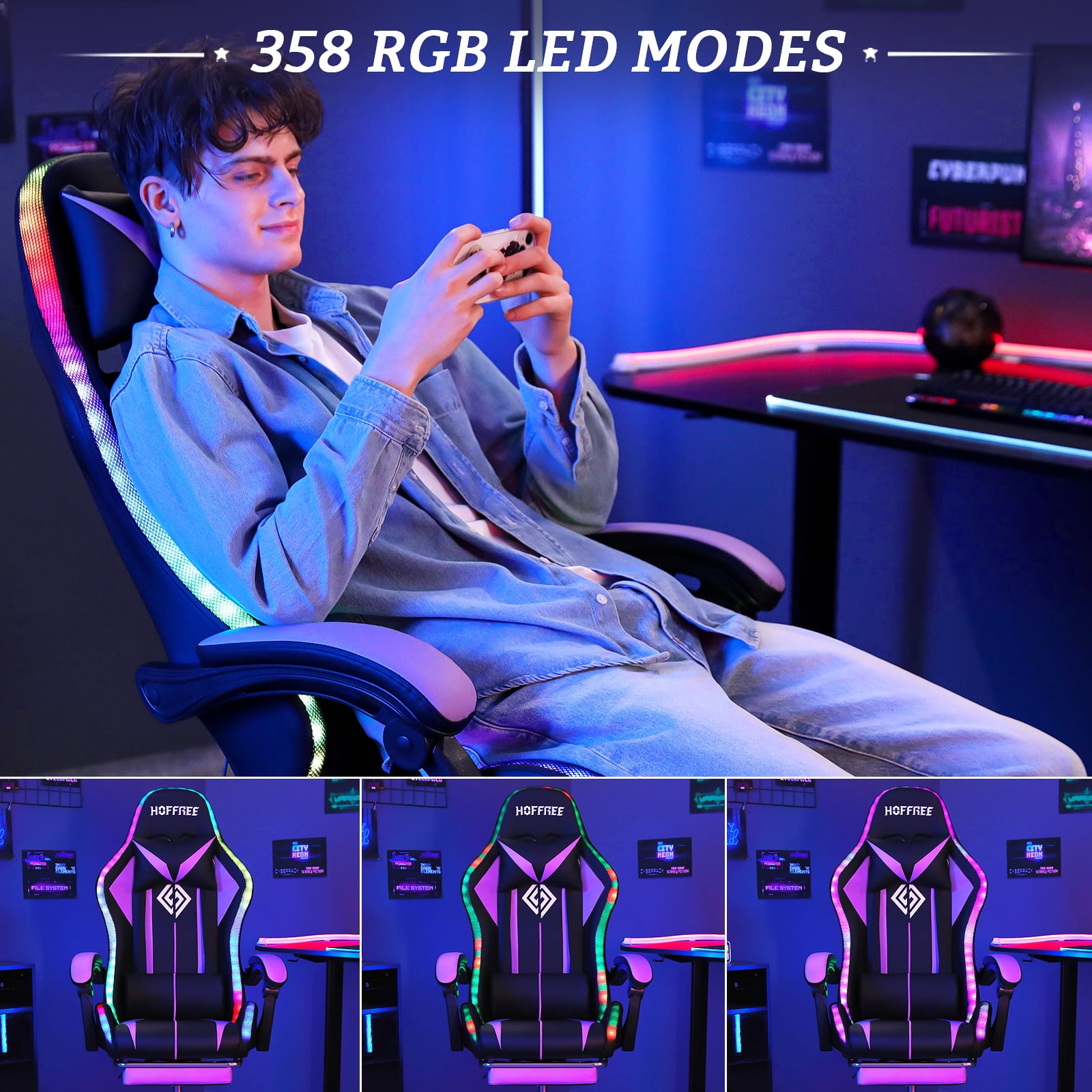 Hoffree Gaming Chair with Massage PU Leather Office Chair with Footrest and LED Light Ergonomic Gamer Chair Lumbar Support Adjustable Headrest High Back Computer Chair for Home Office