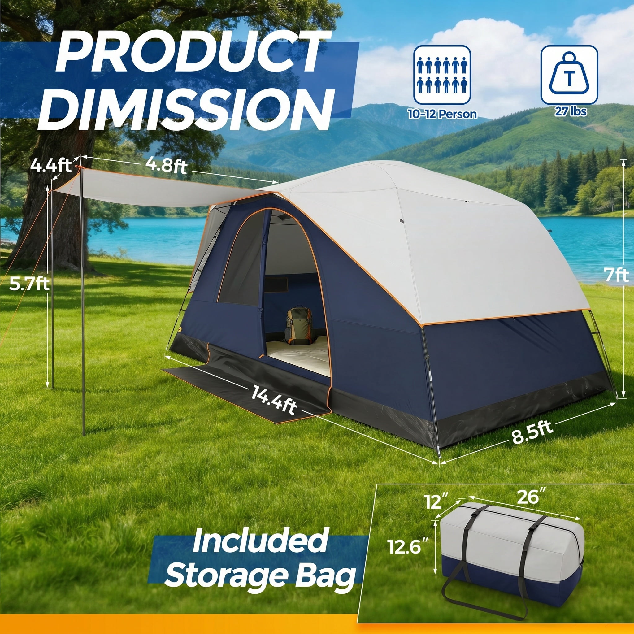 SANOPY 10 Person Instant Camping Tent with Removable Rainfly, Auto Setup Pop Up Tent for Family Outdoor /Hiking/Traveling with Carry Bag, Blue