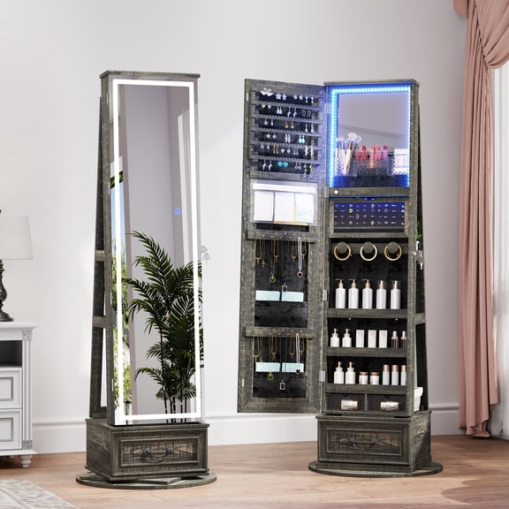 LVSOMT 63.4" Full-Length Jewelry Armoire with 360° Swivel, Free Standing & Adjustable LED Mirror - Lockable Storage Cabinet, Brownish