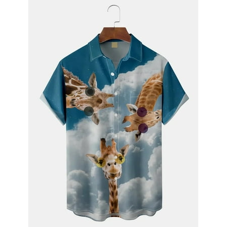 

MLFU Unisex Short Sleeve Button Down Shirts Giraffe Graphic Lapel Print Hawaii Shirts Holiday Blouses for Teen and Adult