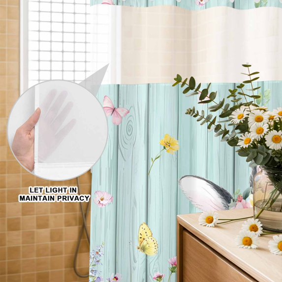 No Hook Shower Curtain with Built-in Rings - Easter Washable Waterproof Fabric Bathroom Curtains for Hotel,Rentals, 72 X 84 Inch Extra Long , Easter Bunny Eggs Spring Floral Light Blue Wood