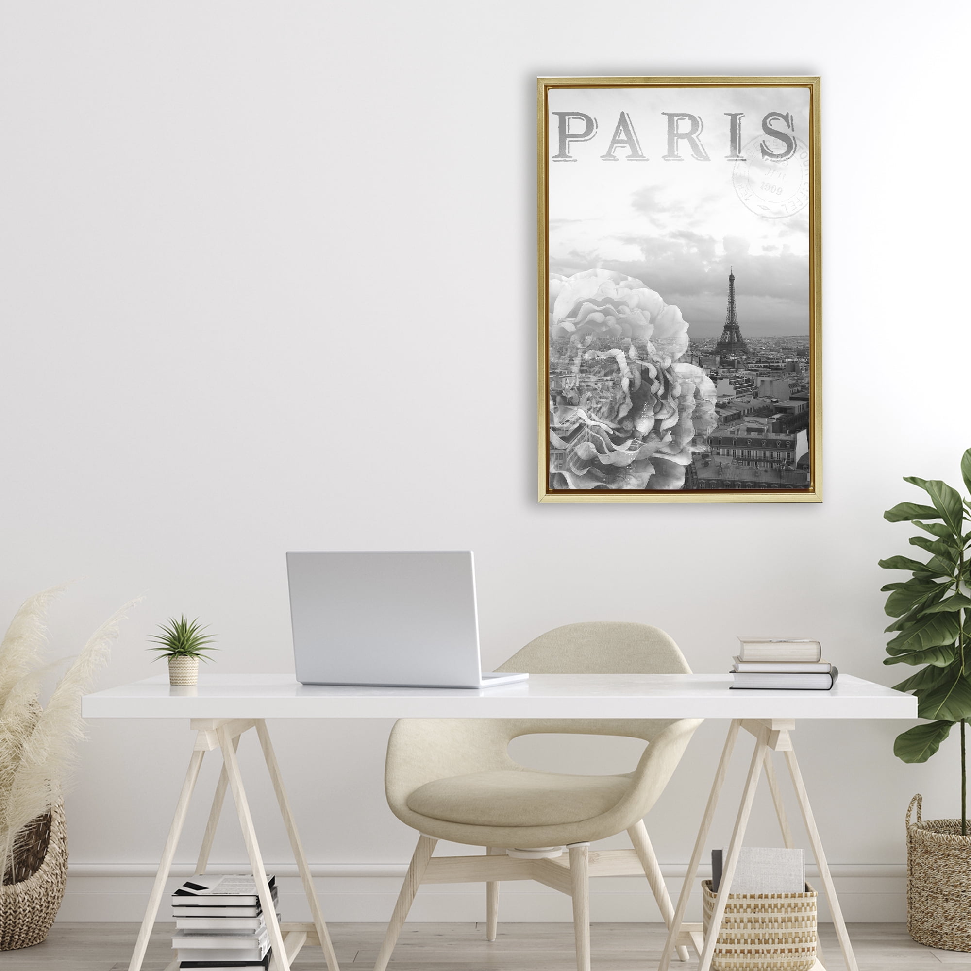 Stupell Industries Paris Postcard in Monochrome Gold Framed Floater Canvas Wall Art, design by Emily Navas