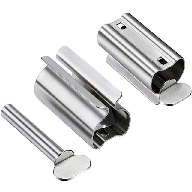 2 piezas Exprimidor de pasta de dientes con tubo rodante, soporte para asiento de pasta de dientes, dispensador de pasta de dientes giratorio de acero inoxidable para baño