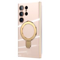 ELEHOLD for Samsung Galaxy S24 Ultra Plating Magnetic Case Slim Thin Shockproof with Metal Ring Holder Folding Kickstand All-Inclusive Lens Protection Mag Safe Compatible Protective Cover,lightpink