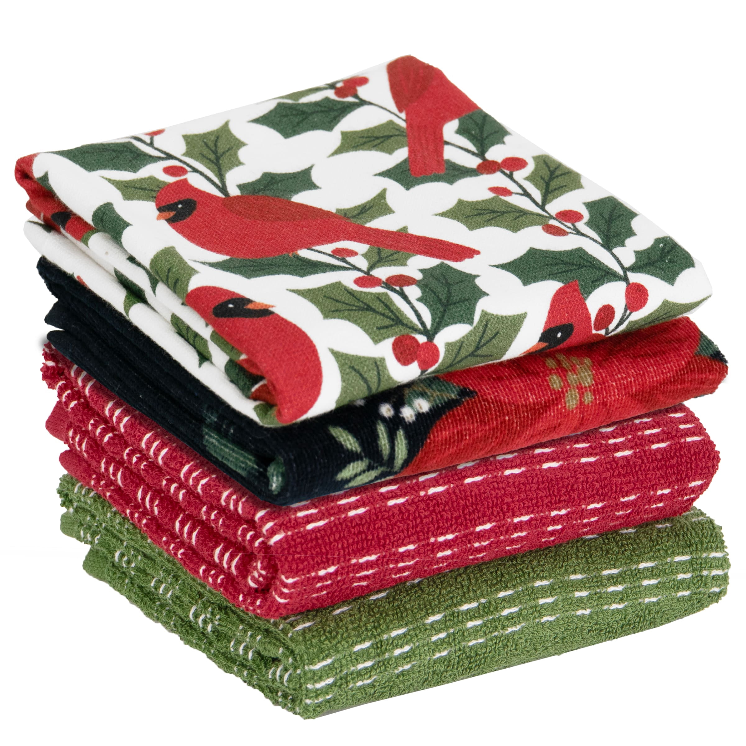 RITZ 100% Cotton Holiday Kitchen Towels, Set of 4, Cardinal Greetings, Poinsettia Dish Towels Set, Festive Red Green