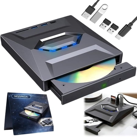 7-in-1 External Drive – USB 3.0 & Type-C, DVD/CD Burner, 3 USB Hub + SD/TF Reader, 6X for Laptop/Desktop(RL Black 1 PC)