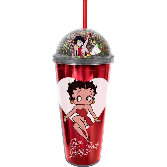Spoontiques Betty Boop Dome Top Acrylic Tumbler, 20oz - Glitter-Filled Dome Top with Enclosed Figurine & Coordinating Reusable Straw - 10" Tall Double Wall Insulated Travel Cup