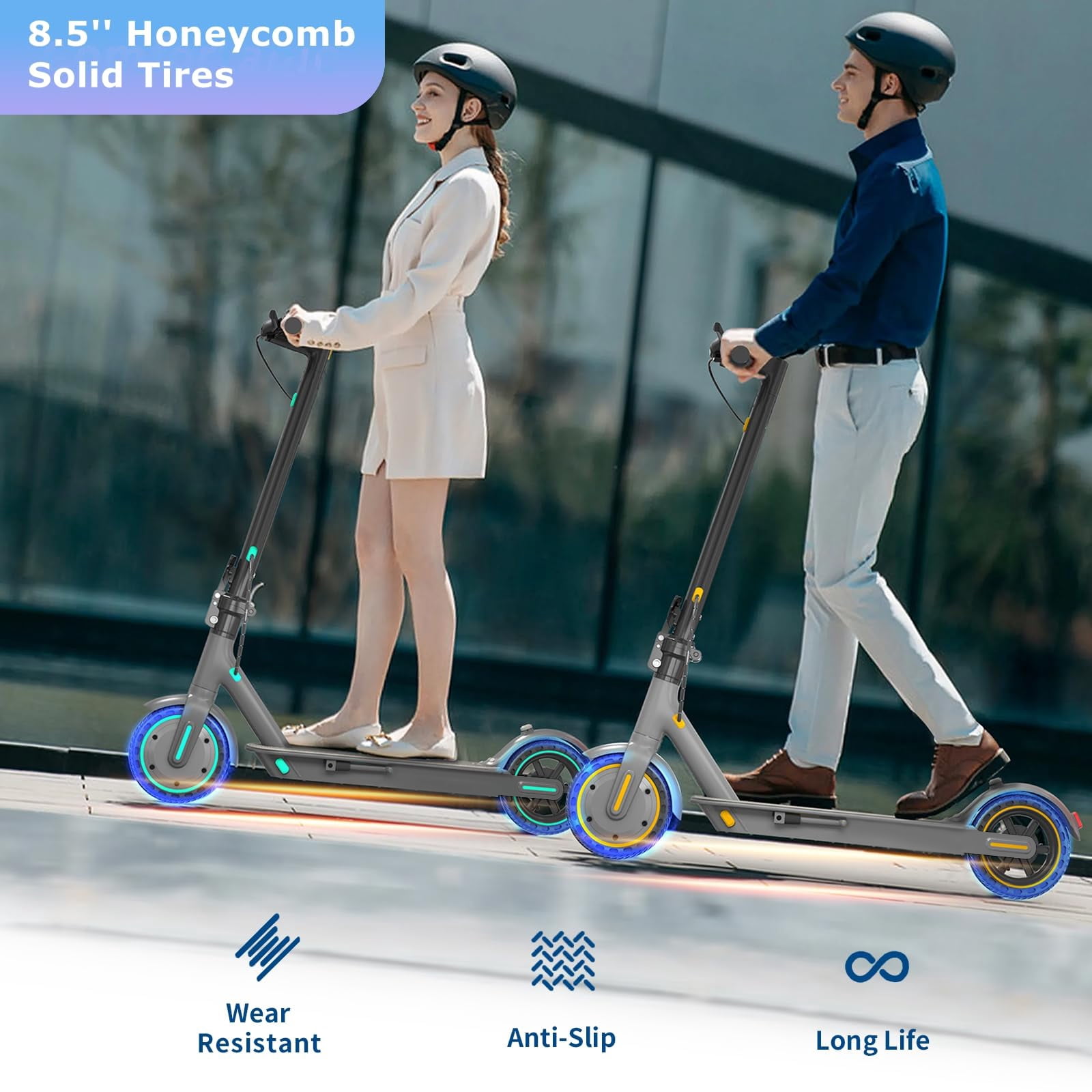 HiQiS Electric Scooter for Adult Teens, 350W Motor & Top 19 MPH, 15 Miles Long Range, 8.5" Solid Tires Lightweight E-Scooter for Commuter Blue