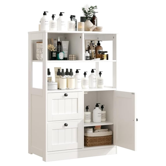 BoldGear Bathroom Storage Cabinet with Door and Drawers, Small Freestanding Bathroom Cabinet Organizer, Farmhouse Wooden Cupboard with Adjustable Shelves for Kitchen, Living Room, White