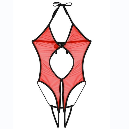 

〖Roliyen〗Lingerie For Women 1 Piece Backless Mesh Bodysuit Halter Neck Lace Up Sheer Babydoll Teddy Nightie Lace Up Lingerie Fishing Net Underwear Sleepwear Steel Ring Pajamas Gart