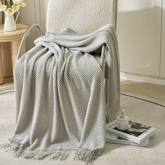 127*230cm Throw Blankets for Couch Queen Size, Lightweight Cable Knit Throw Blanket with Tassels, Soft Boho Decorative Throws for Bed Sofa, Machine Washable