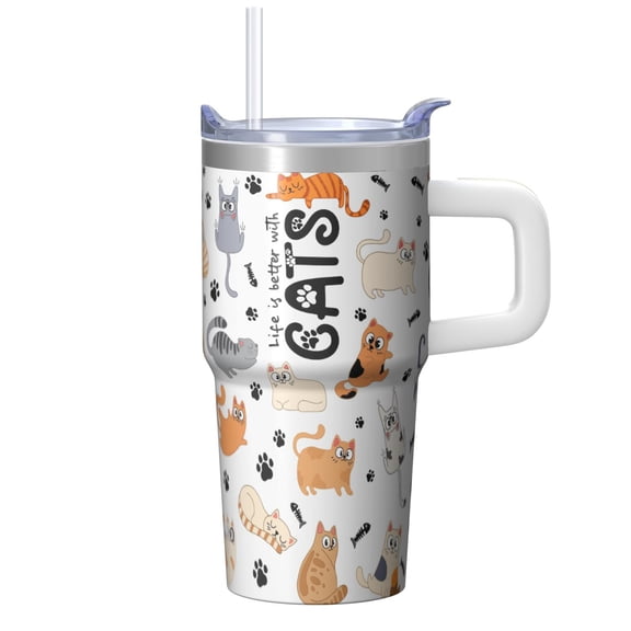 20oz Kitten Cat Tumbler with Handle Insulated Travel Mug Special Cat Lover Gift for Women Birthday Christmas Presents Fits Car Cup Holders Comfortable Grip Splash Resistant Lid
