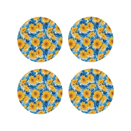 

Fuzoiu Blue Ocean Wave Sunflower Print Leather Coasters Set Drink Coasters Set of 4 for Tabletop Protection Durable PVC Coasters Home Décor and Housewarming Gift-Round Shape
