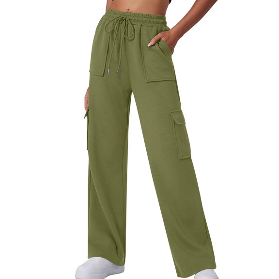Sevevn Women's Straight Tube Solid Color Multi Pocket High Waisted Drawstring Work Sweatpants Pants