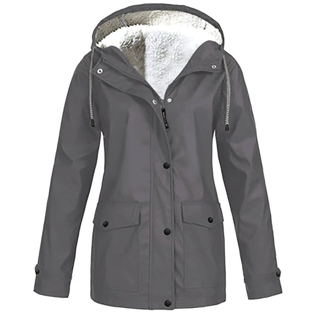 Htigea Womens Raincoat Jacket Drawstring Waist Mid-Length Coats with Hood Lightweight Outdoor Active Windproof Pockets Jackets Gray M