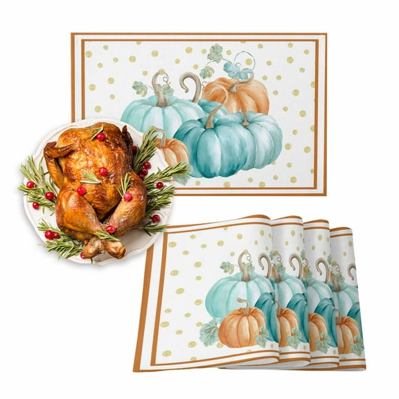 Fall Placemats Set of 6 Orange Teal Blue Pumpkin Place Mats Thanksgiving Placemat Golden Dots Stripes Table Mats for Dining Kitchen Table Holiday Dinner Party Home Fall Decorations 13x19 Inch