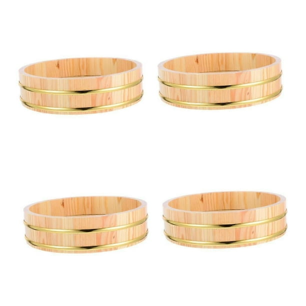 Hangiri 4Piece Japanese Wooden Oke Bowl, Gold Edge, for Sushi Rice Preparation, Kitchen Storage, Restaurant Use