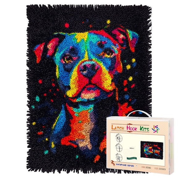 Latch Hook Rug Kit Colorful Pitbull Dog Pre-printed Handmade Carpet Crochet Yarn Craft DIY Hook and Latch Door Mat Tapestry for Home Floor Decoration 52x38cm-1