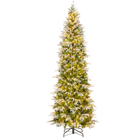 Gymax 9 FT Pre-Lit Artificial Christmas Tree Snow Flocked Hinged Xmas Tree