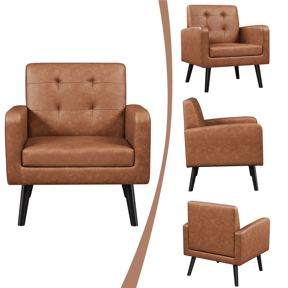 Alden Design Mid Century Modern Faux Leather Accent Chair with Solid Wood Legs, Set of 2, Retro Brown