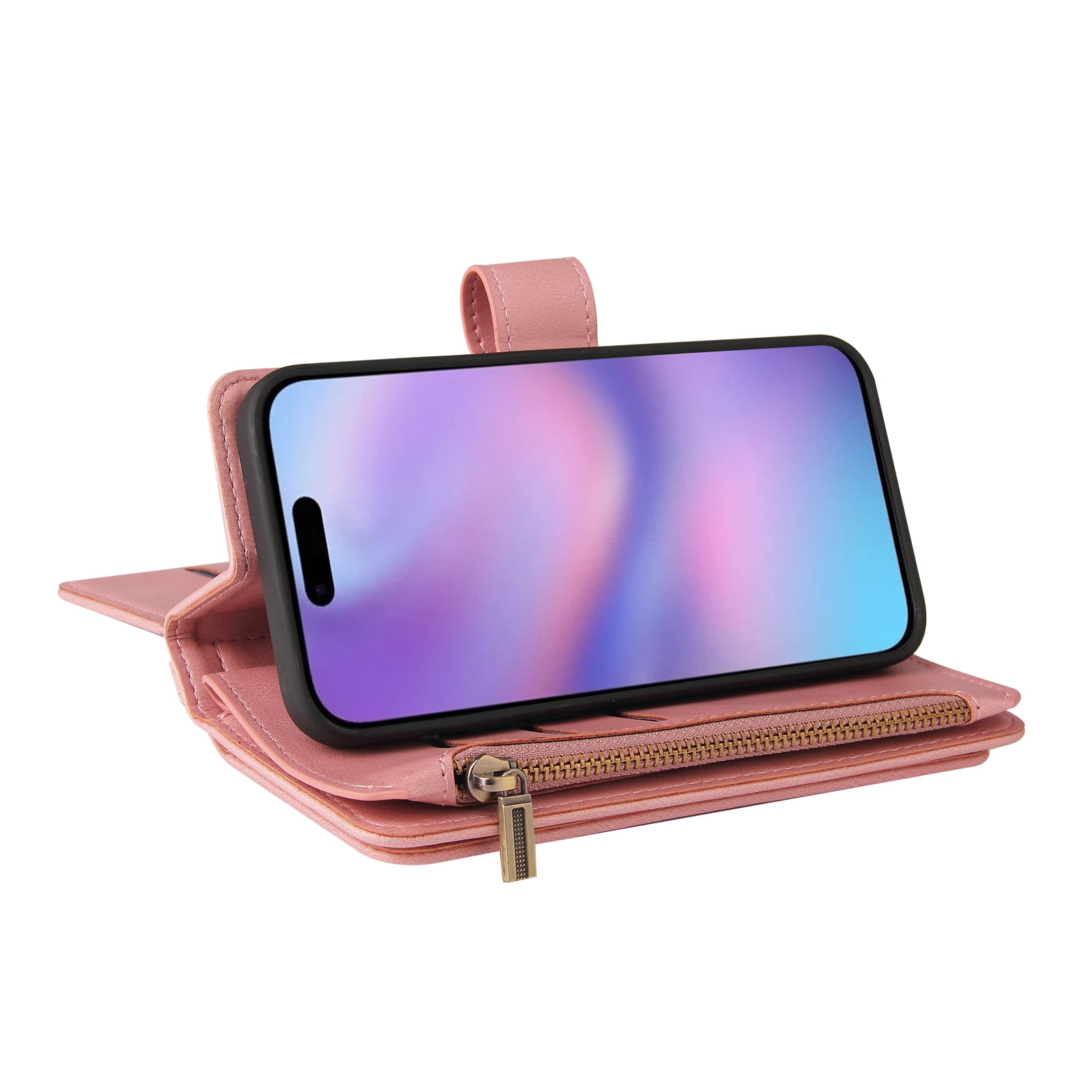 Phone Case for iPhone 17, Wallet Case Luxury Folio Flip Leather Cover [Zipper Pocket] [Wrist Strap] [Kickstand] for iPhone 17, Pink