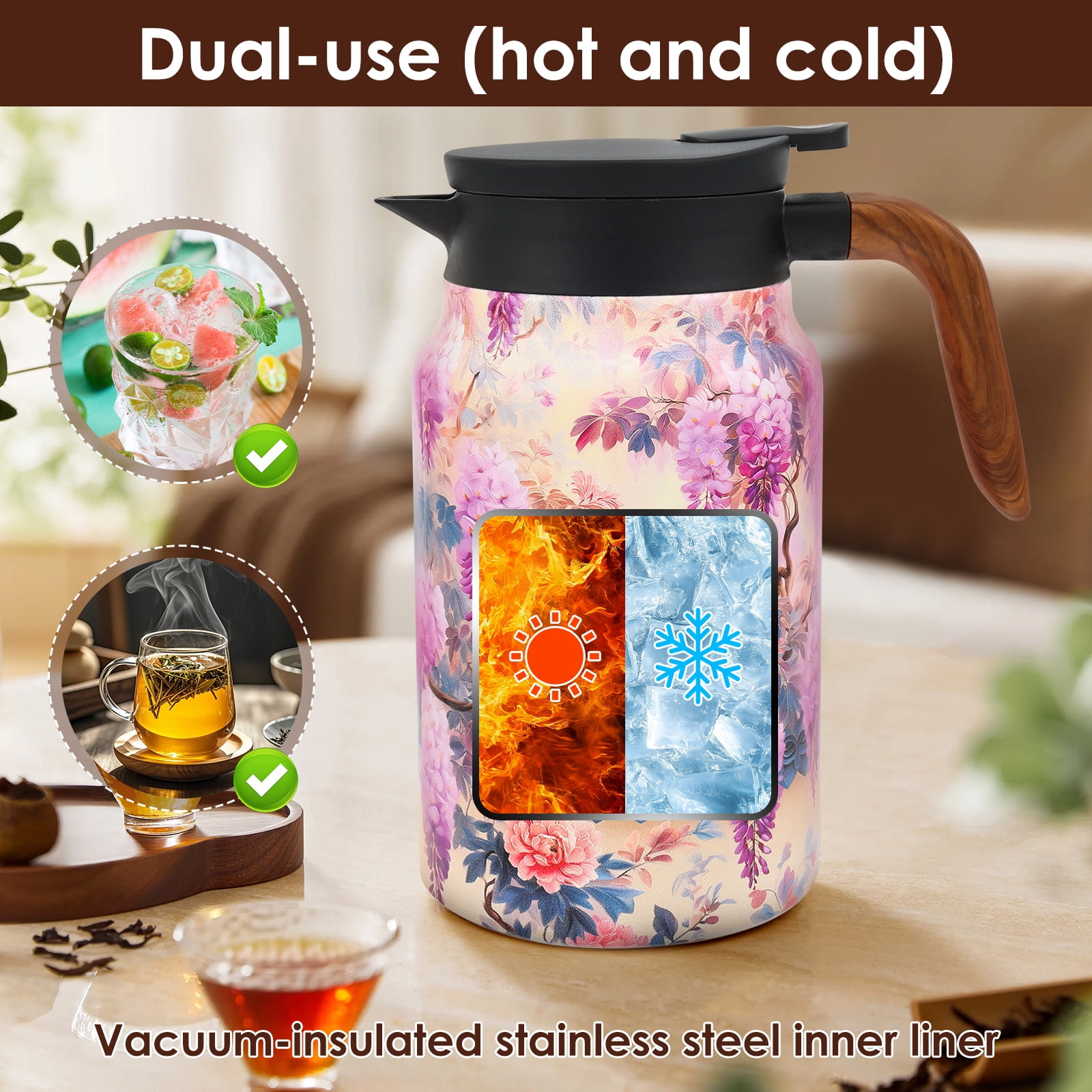 Qenwkxz 50.73 oz Insulated Teapot, Pink Vintage Floral Pattern Tea Pot with Infuser, Stainless Steel Thermal Teapot with Lid, Wooden Handle Thermal Carafe for Hot Drinks Coffee